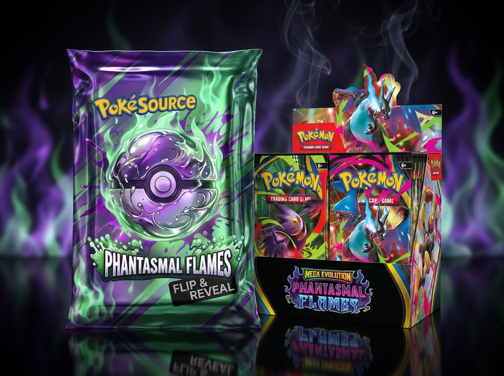 Phantasmal Flames Rip Box Pokémon TCG rip box, chase prize Phantasmal Flames Booster Box, PokéSource