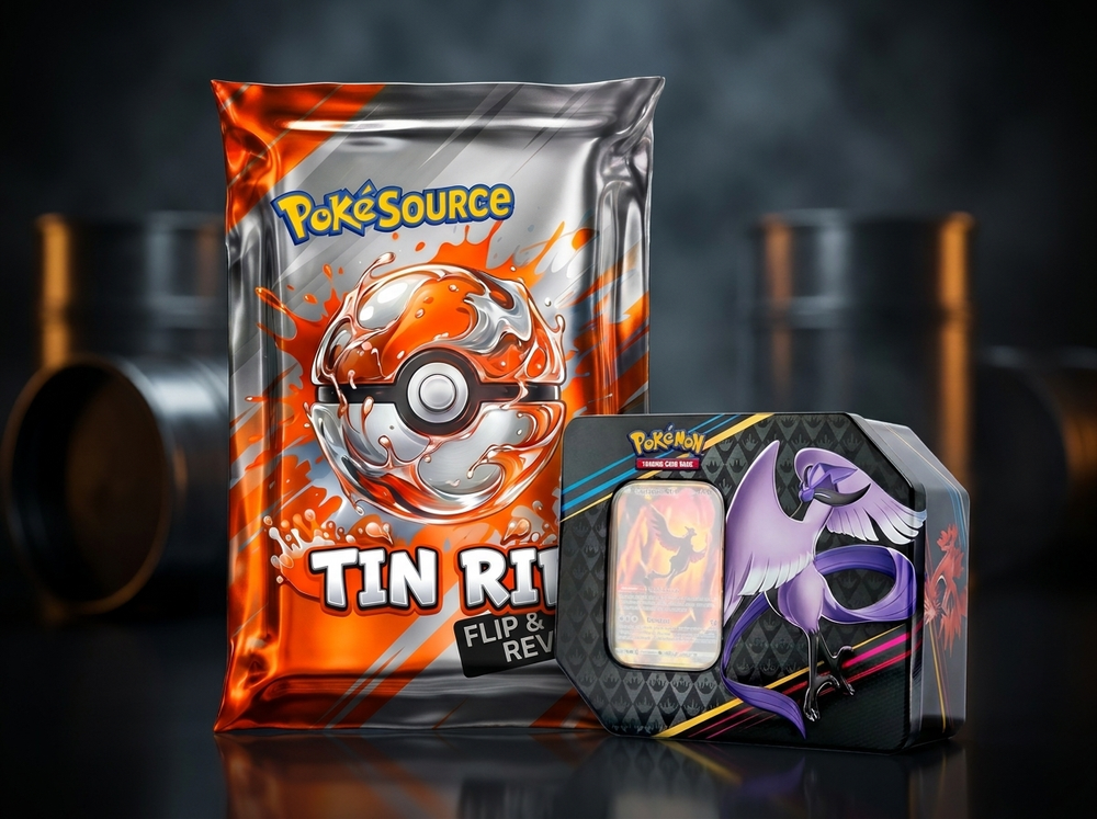 Tin Rip Pokémon TCG rip box, chase prize Crown Zenith Galarian Birds Tin, PokéSource