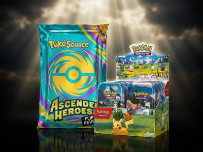 Ascended Heroes Rip Box Pokémon TCG rip box, chase prize AH Mini Tin Display Case, PokéSource