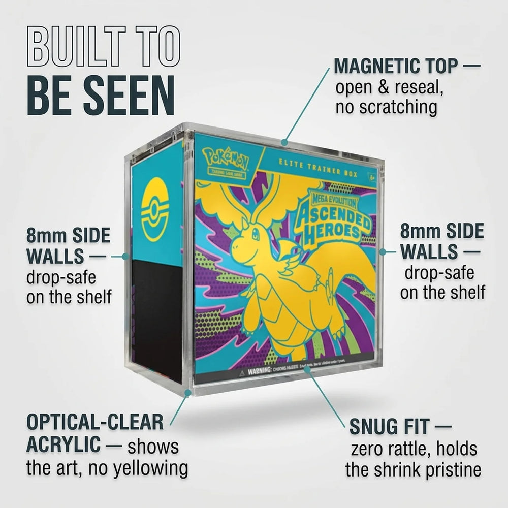 Sealed Pokémon ETB displayed inside a clear acrylic display case