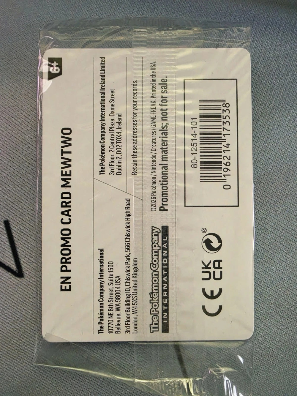 Back of the sealed English Pokémon TCG Mewtwo promo card wrapper