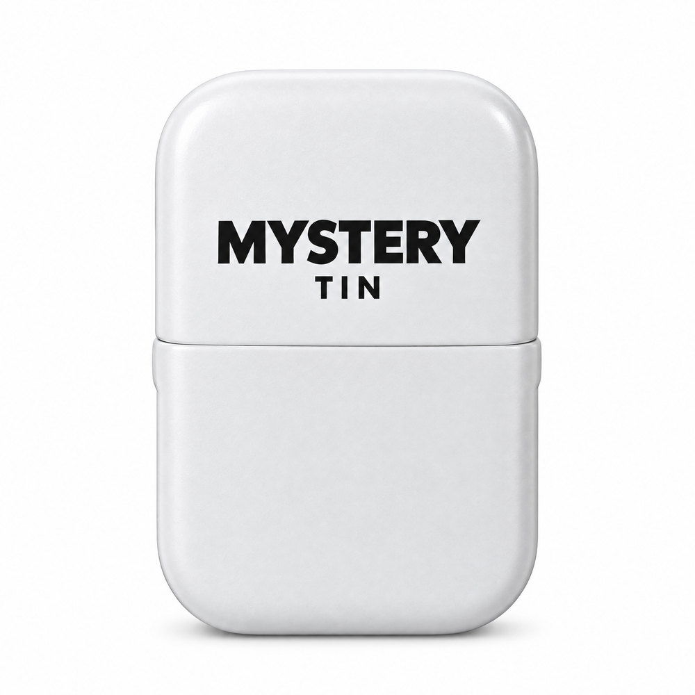 Pokémon TCG: Mystery Tin, plain white tin on a white background, PokéSource