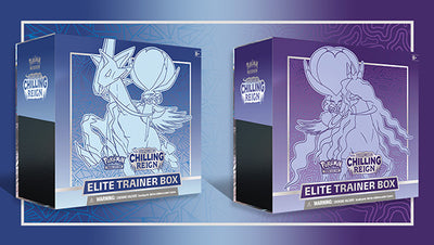 Both Chilling Reign Elite Trainer Box variants side by side, Ice Rider Calyrex in blue and Shadow Rider Calyrex in purple