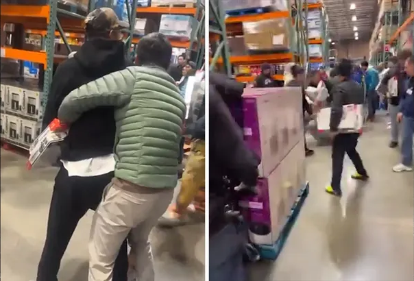 Shoppers scrambling in a warehouse store aisle
