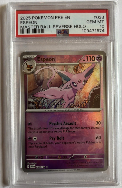 Pokémon TCG: Espeon 033/131 Master Ball Reverse Holo (Prismatic Evolutions) — PSA 10